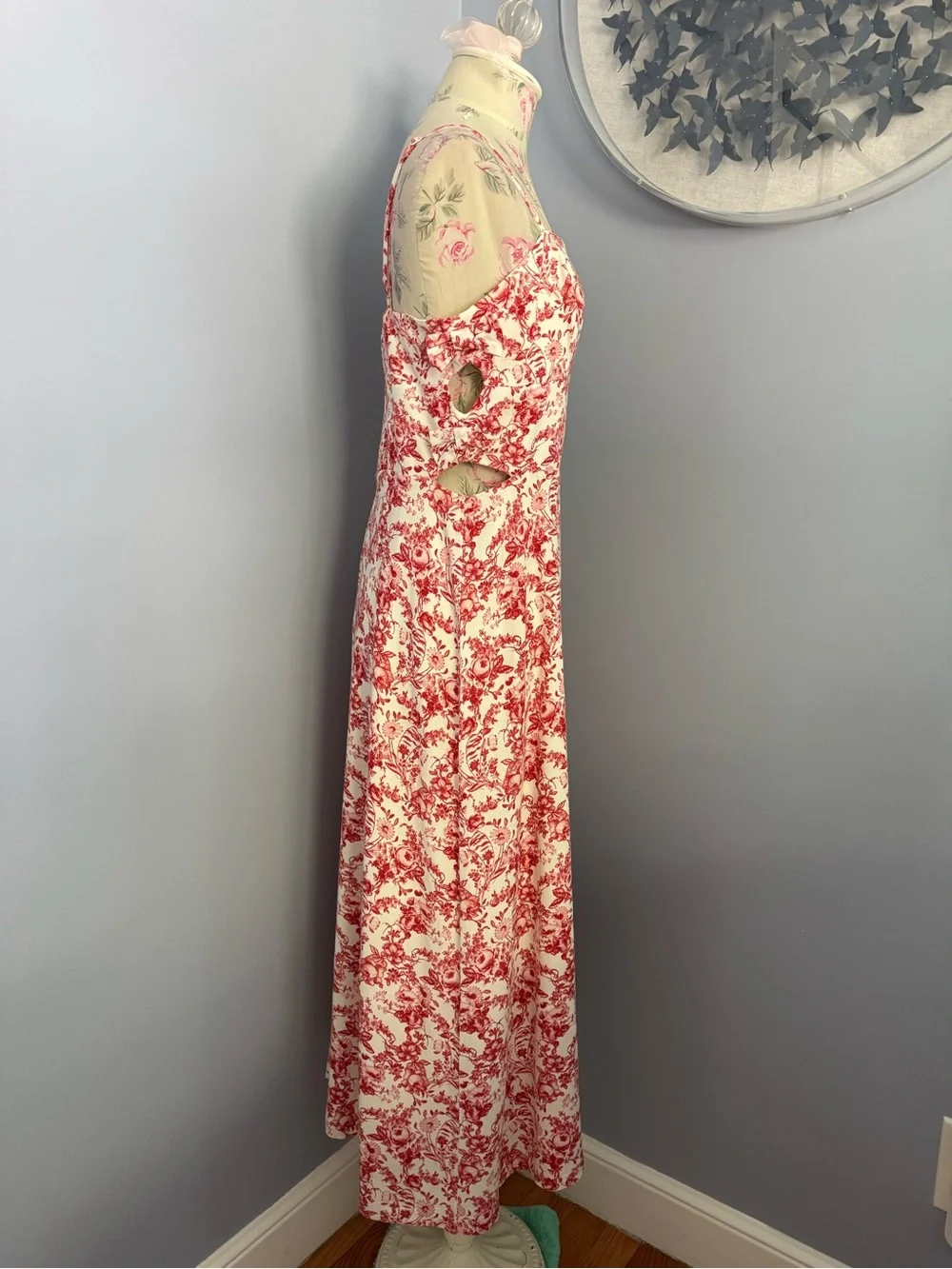 Wayf Red and Cream Floral Print Midi Dress with Cutout and Bow Details